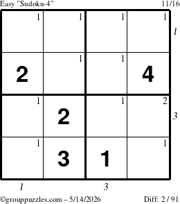 The grouppuzzles.com Easy Sudoku-4 puzzle for Thursday May 14, 2026 with all 2 steps marked
