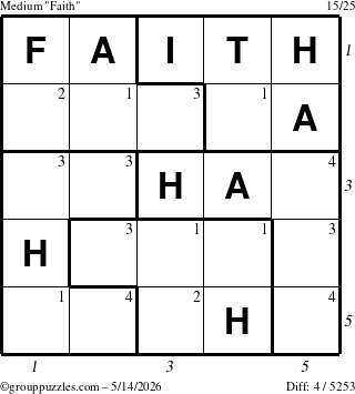 The grouppuzzles.com Medium Faith puzzle for Thursday May 14, 2026, suitable for printing, with all 4 steps marked