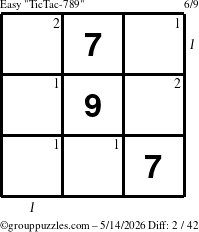 The grouppuzzles.com Easy TicTac-789 puzzle for Thursday May 14, 2026, suitable for printing, with all 2 steps marked