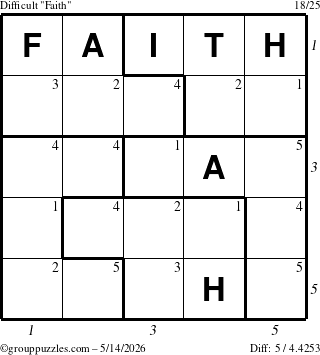 The grouppuzzles.com Difficult Faith puzzle for Thursday May 14, 2026 with all 5 steps marked