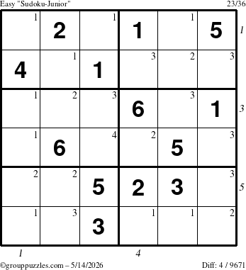 The grouppuzzles.com Easy Sudoku-Junior puzzle for Thursday May 14, 2026 with all 4 steps marked