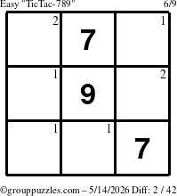 The grouppuzzles.com Easy TicTac-789 puzzle for Thursday May 14, 2026 with the first 2 steps marked