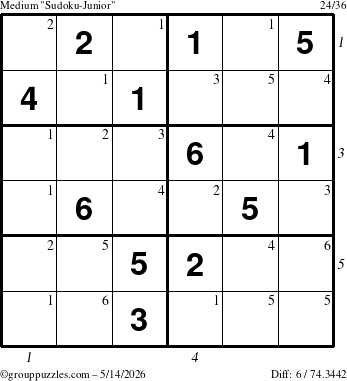 The grouppuzzles.com Medium Sudoku-Junior puzzle for Thursday May 14, 2026, suitable for printing, with all 6 steps marked