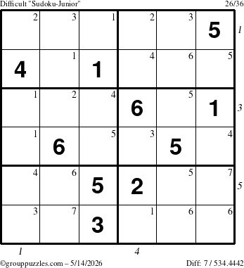 The grouppuzzles.com Difficult Sudoku-Junior puzzle for Thursday May 14, 2026 with all 7 steps marked