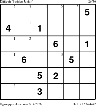The grouppuzzles.com Difficult Sudoku-Junior puzzle for Thursday May 14, 2026 with the first 3 steps marked