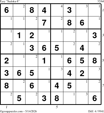 The grouppuzzles.com Easy Sudoku-8 puzzle for Thursday May 14, 2026 with all 4 steps marked