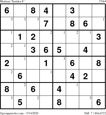The grouppuzzles.com Medium Sudoku-8 puzzle for Thursday May 14, 2026 with the first 3 steps marked