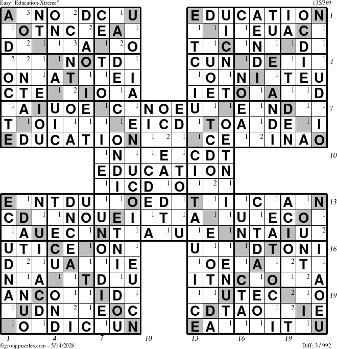 The grouppuzzles.com Easy Education-Xtreme puzzle for Thursday May 14, 2026 with all 3 steps marked