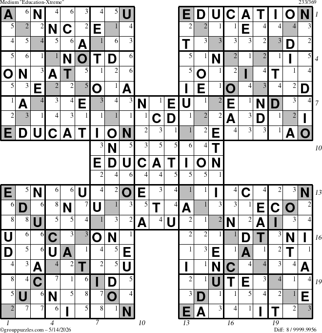 The grouppuzzles.com Medium Education-Xtreme puzzle for Thursday May 14, 2026 with all 8 steps marked