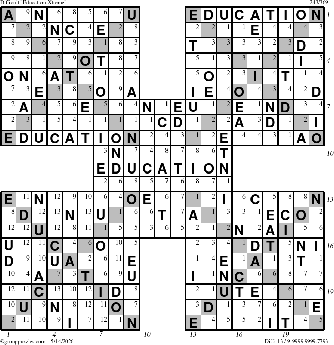 The grouppuzzles.com Difficult Education-Xtreme puzzle for Thursday May 14, 2026, suitable for printing, with all 13 steps marked