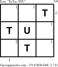 The grouppuzzles.com Easy TicTac-STU puzzle for Thursday May 14, 2026, suitable for printing, with all 2 steps marked