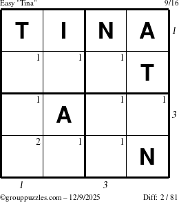 The grouppuzzles.com Easy Tina puzzle for Tuesday December 9, 2025 with all 2 steps marked