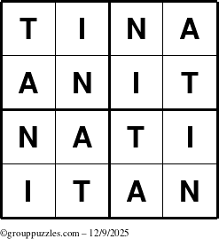 The grouppuzzles.com Answer grid for the Tina puzzle for Tuesday December 9, 2025
