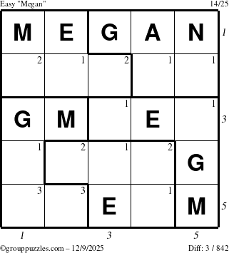 The grouppuzzles.com Easy Megan puzzle for Tuesday December 9, 2025, suitable for printing, with all 3 steps marked