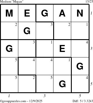 The grouppuzzles.com Medium Megan puzzle for Tuesday December 9, 2025, suitable for printing, with all 5 steps marked