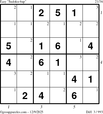 The grouppuzzles.com Easy Sudoku-6up puzzle for Tuesday December 9, 2025, suitable for printing, with all 3 steps marked