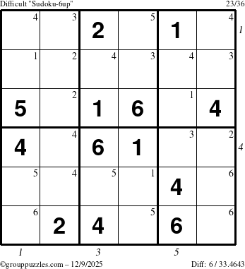 The grouppuzzles.com Difficult Sudoku-6up puzzle for Tuesday December 9, 2025 with all 6 steps marked