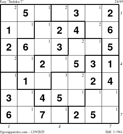 The grouppuzzles.com Easy Sudoku-7 puzzle for Tuesday December 9, 2025, suitable for printing, with all 3 steps marked