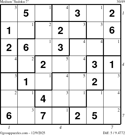 The grouppuzzles.com Medium Sudoku-7 puzzle for Tuesday December 9, 2025, suitable for printing, with all 5 steps marked