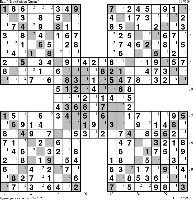 The grouppuzzles.com Easy HyperSudoku-Xtreme puzzle for Tuesday December 9, 2025, suitable for printing, with all 3 steps marked