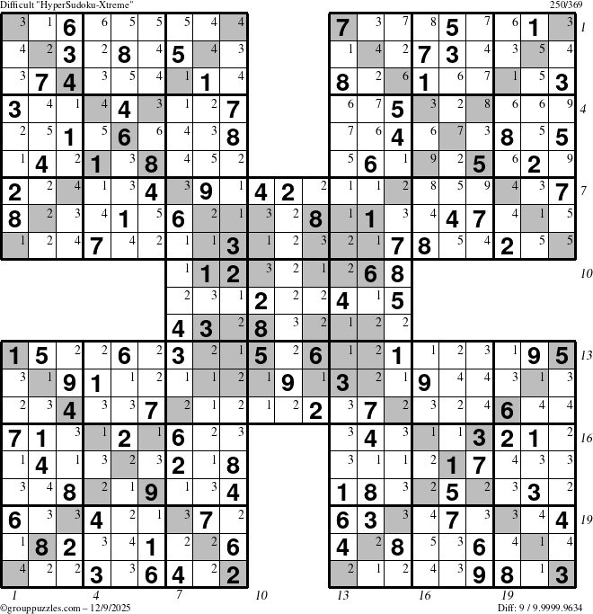 The grouppuzzles.com Difficult HyperSudoku-Xtreme puzzle for Tuesday December 9, 2025, suitable for printing, with all 9 steps marked