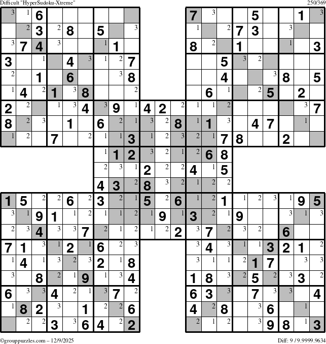 The grouppuzzles.com Difficult HyperSudoku-Xtreme puzzle for Tuesday December 9, 2025 with the first 3 steps marked