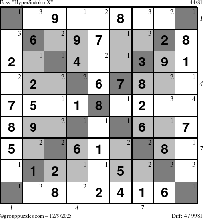 The grouppuzzles.com Easy HyperSudoku-X puzzle for Tuesday December 9, 2025, suitable for printing, with all 4 steps marked