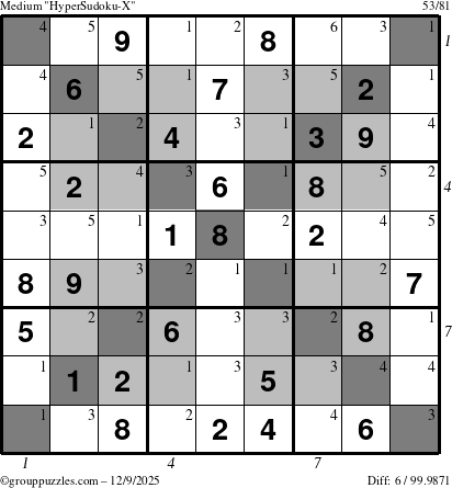 The grouppuzzles.com Medium HyperSudoku-X puzzle for Tuesday December 9, 2025 with all 6 steps marked