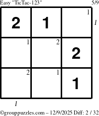 The grouppuzzles.com Easy TicTac-123 puzzle for Tuesday December 9, 2025, suitable for printing, with all 2 steps marked