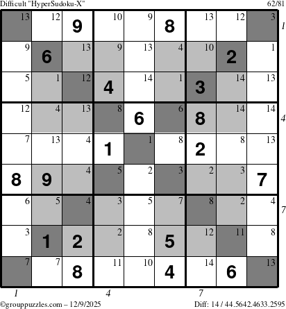 The grouppuzzles.com Difficult HyperSudoku-X puzzle for Tuesday December 9, 2025 with all 14 steps marked