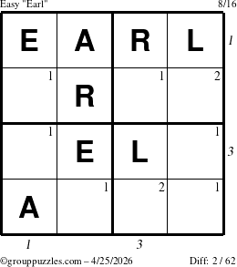 The grouppuzzles.com Easy Earl puzzle for Saturday April 25, 2026, suitable for printing, with all 2 steps marked