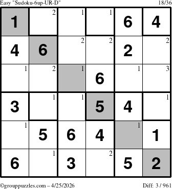 The grouppuzzles.com Easy Sudoku-6up-UR-D puzzle for Saturday April 25, 2026 with the first 3 steps marked