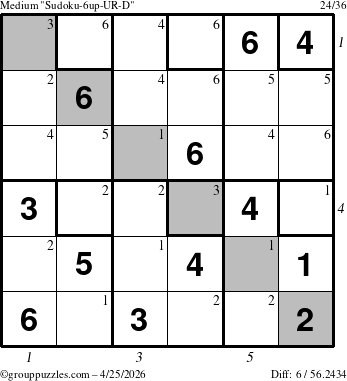 The grouppuzzles.com Medium Sudoku-6up-UR-D puzzle for Saturday April 25, 2026 with all 6 steps marked