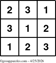 The grouppuzzles.com Answer grid for the TicTac-123 puzzle for Saturday April 25, 2026
