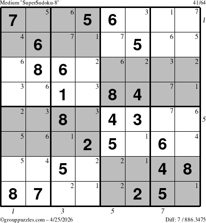 The grouppuzzles.com Medium SuperSudoku-8 puzzle for Saturday April 25, 2026 with all 7 steps marked