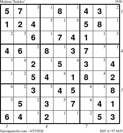 The grouppuzzles.com Medium Sudoku puzzle for Saturday April 25, 2026, suitable for printing, with all 6 steps marked
