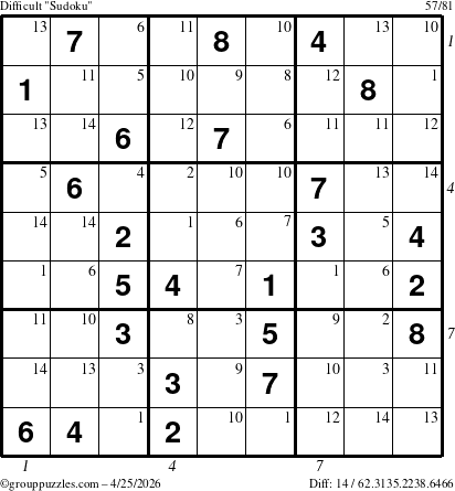 The grouppuzzles.com Difficult Sudoku puzzle for Saturday April 25, 2026 with all 14 steps marked
