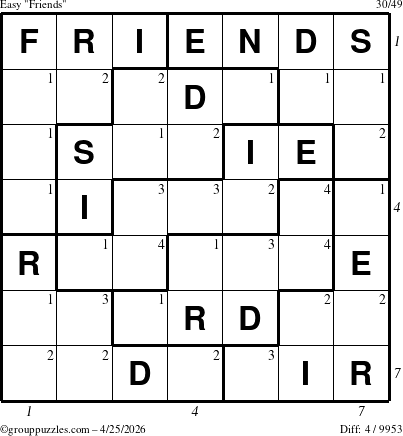 The grouppuzzles.com Easy Friends puzzle for Saturday April 25, 2026 with all 4 steps marked