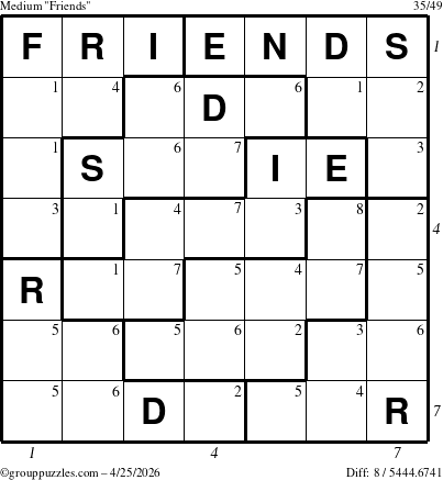 The grouppuzzles.com Medium Friends puzzle for Saturday April 25, 2026 with all 8 steps marked