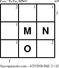 The grouppuzzles.com Easy TicTac-MNO puzzle for Saturday April 25, 2026, suitable for printing, with all 2 steps marked