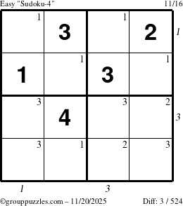 The grouppuzzles.com Easy Sudoku-4 puzzle for Thursday November 20, 2025, suitable for printing, with all 3 steps marked