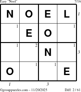 The grouppuzzles.com Easy Noel puzzle for Thursday November 20, 2025, suitable for printing, with all 2 steps marked