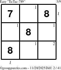 The grouppuzzles.com Easy TicTac-789 puzzle for Thursday November 20, 2025 with all 2 steps marked