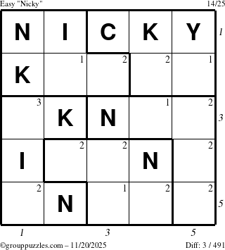 The grouppuzzles.com Easy Nicky puzzle for Thursday November 20, 2025, suitable for printing, with all 3 steps marked