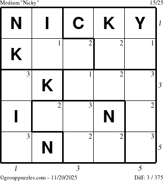 The grouppuzzles.com Medium Nicky puzzle for Thursday November 20, 2025 with all 3 steps marked