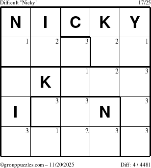 The grouppuzzles.com Difficult Nicky puzzle for Thursday November 20, 2025 with the first 3 steps marked