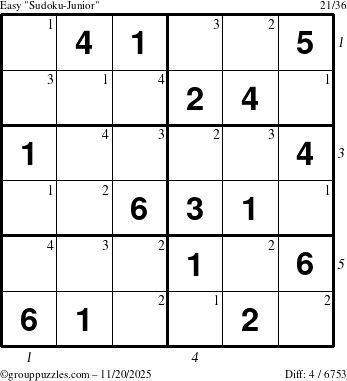 The grouppuzzles.com Easy Sudoku-Junior puzzle for Thursday November 20, 2025, suitable for printing, with all 4 steps marked