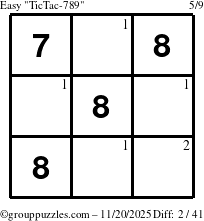 The grouppuzzles.com Easy TicTac-789 puzzle for Thursday November 20, 2025 with the first 2 steps marked