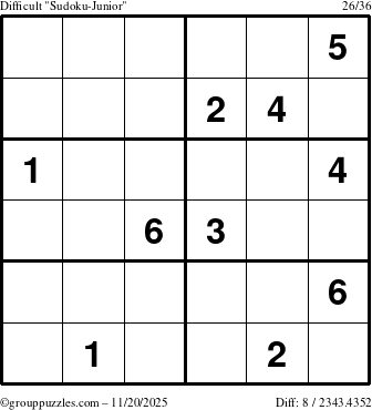 The grouppuzzles.com Difficult Sudoku-Junior puzzle for Thursday November 20, 2025