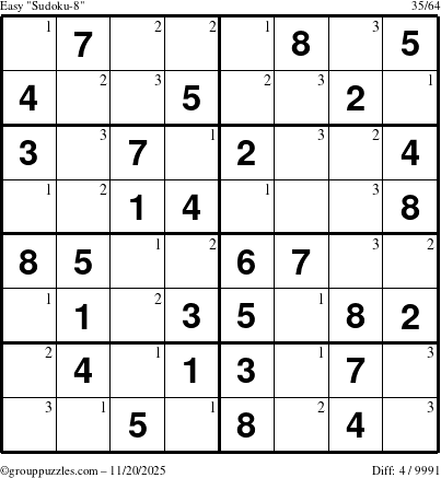 The grouppuzzles.com Easy Sudoku-8 puzzle for Thursday November 20, 2025 with the first 3 steps marked
